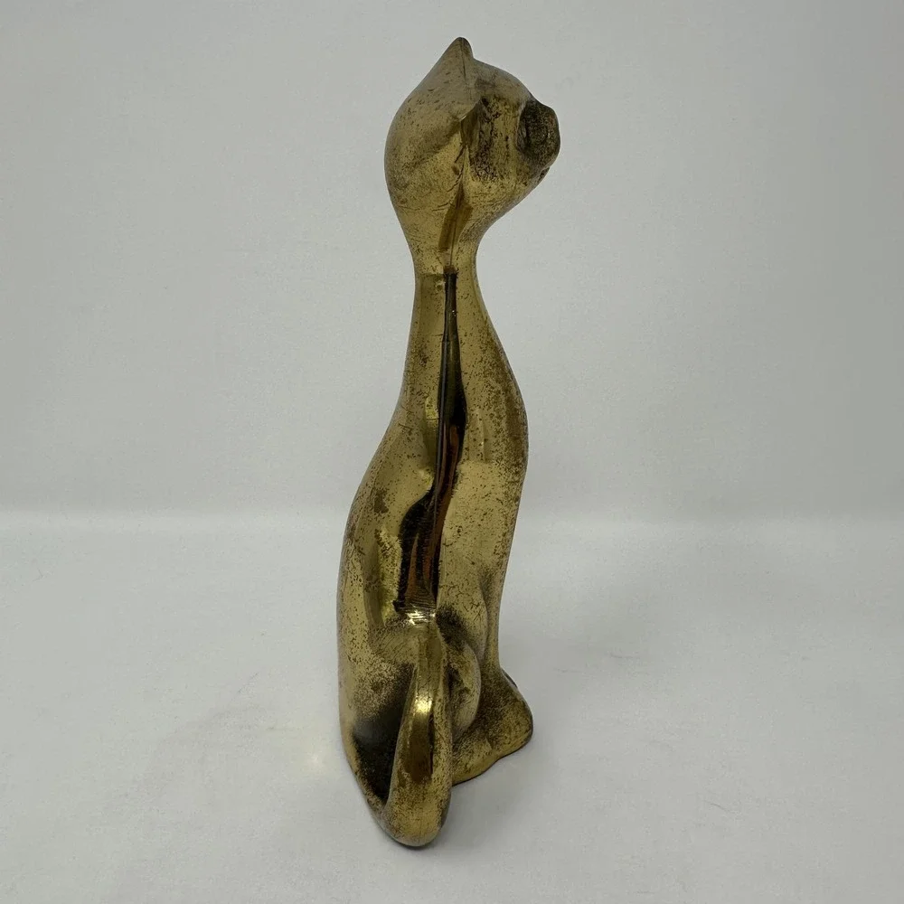 Vintage Solid Brass Cat‎ Figurine Statue Sculpture MCM Style Gold Tone Korea